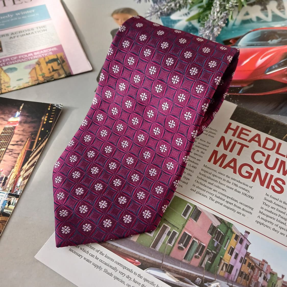 아쿠아스큐텀 실크 퍼플 플라워 패턴 넥타이 9.1cm 새제품 A19289 상품이미지4