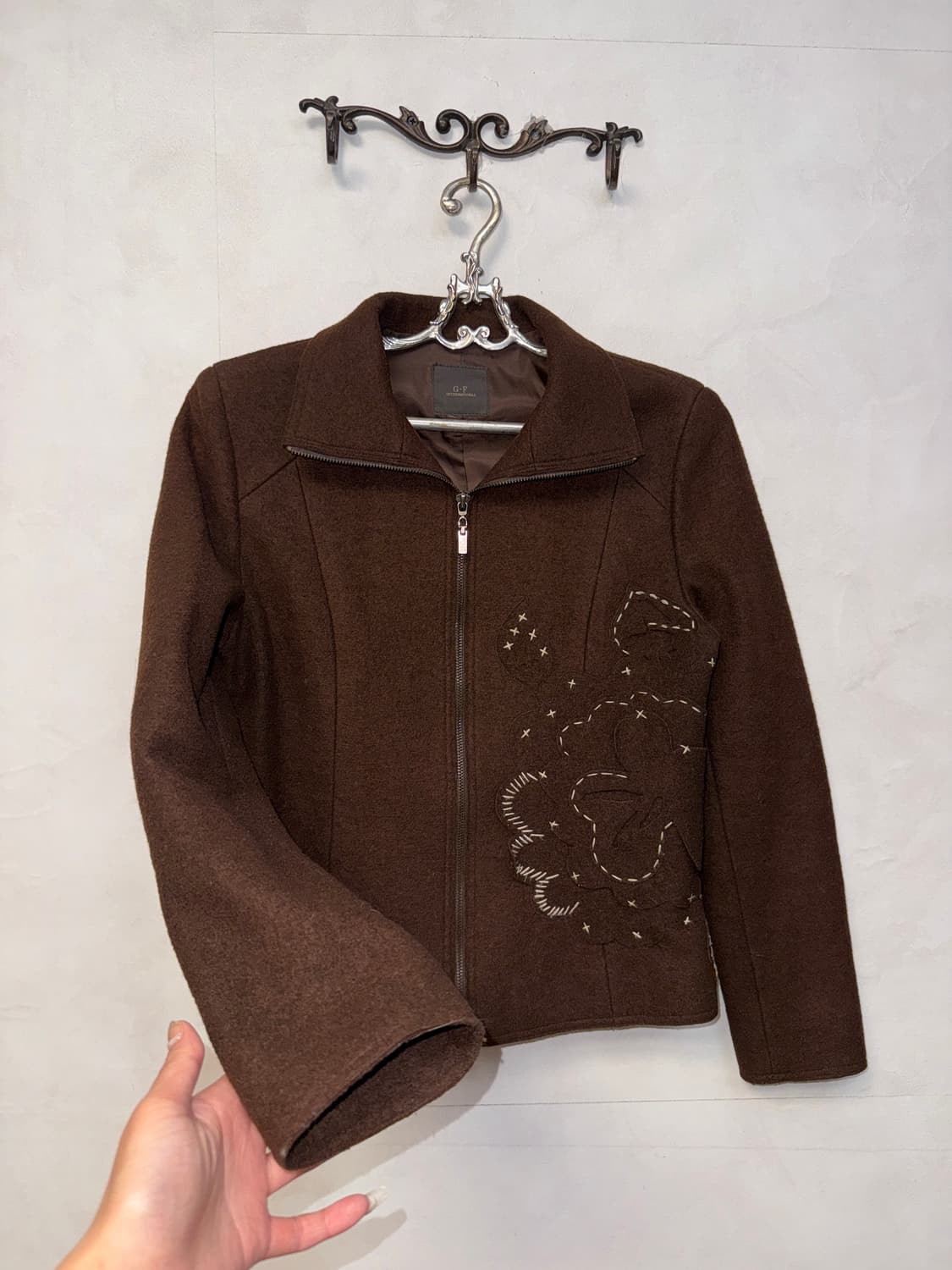 Brown bohemian stitch flower wool jacket 상품이미지2