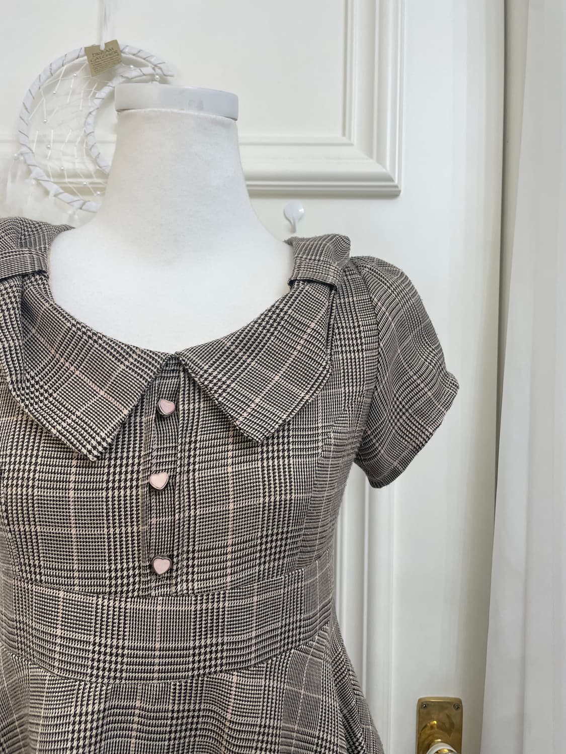 brown check bow collar pink heart button 상품이미지6