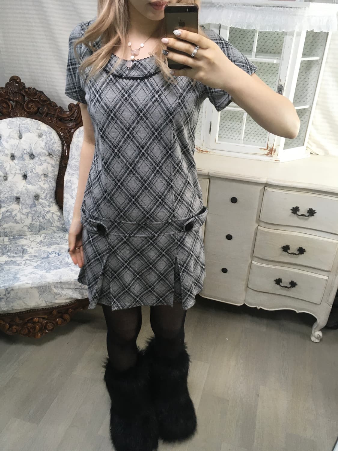 일본빈티지 체크 프레피 플리츠 원피스 상품이미지2