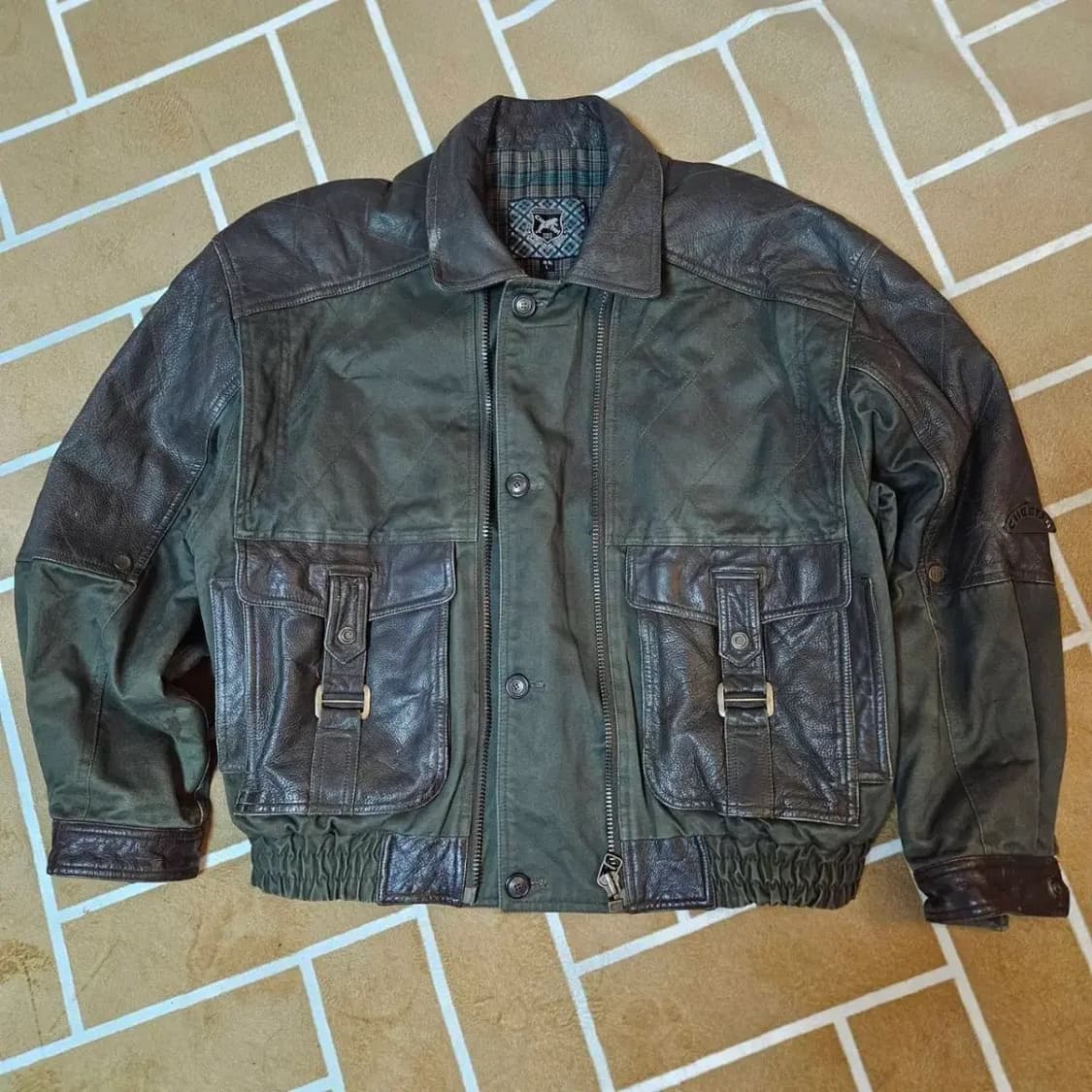 CHEETAN 90's Vintage 벨트 포켓 가죽 블럭 자켓 상품이미지1