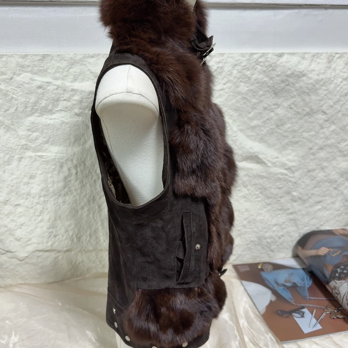 빈티지 커피브라운 여우털 폭스퍼 되지가죽 베스트 상품이미지3