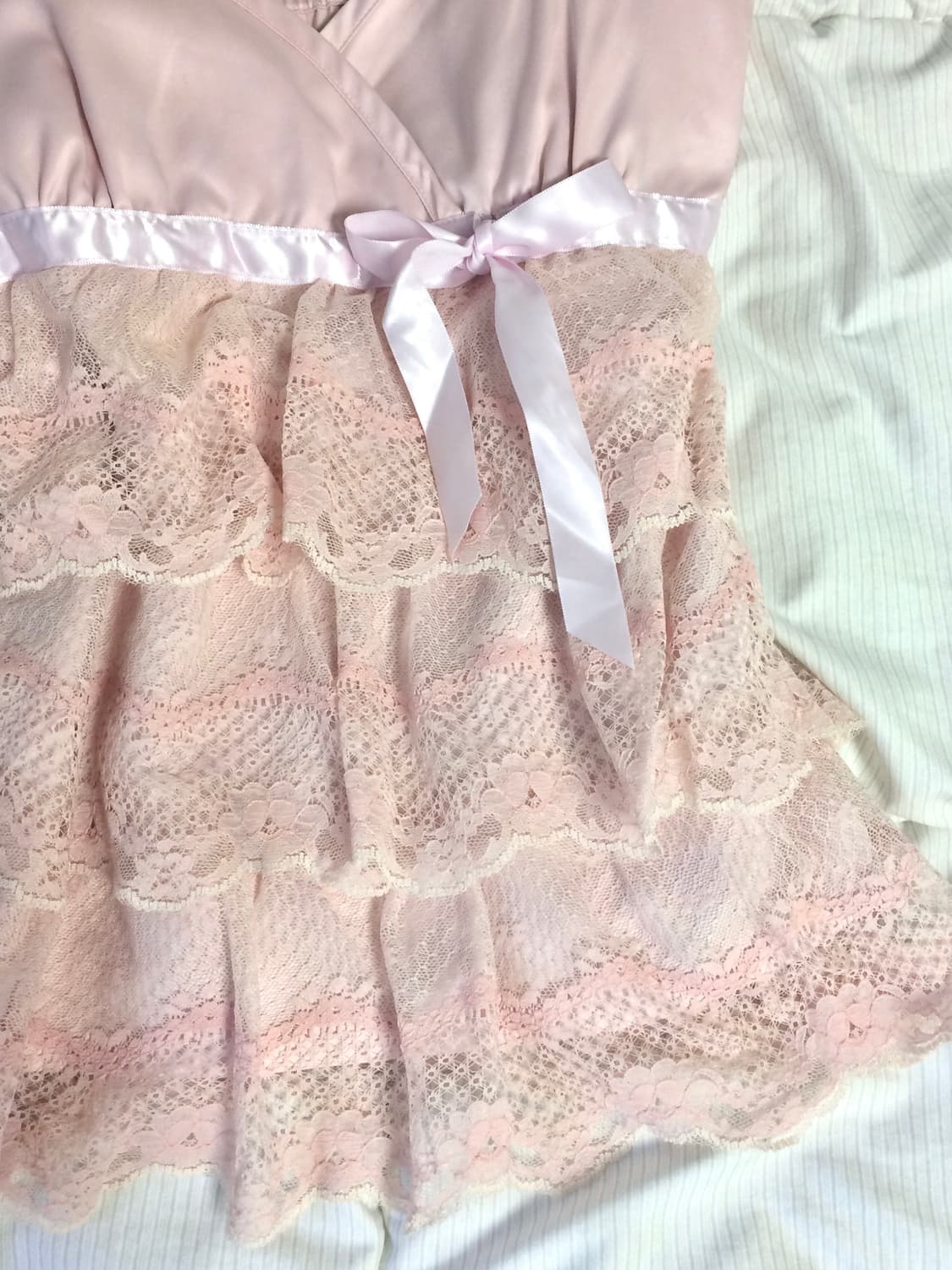 빈티지 히메갸루 코디셋 복숭아 핑크 레이스 리본 슬리브리스 프릴 블라우스 상품이미지3