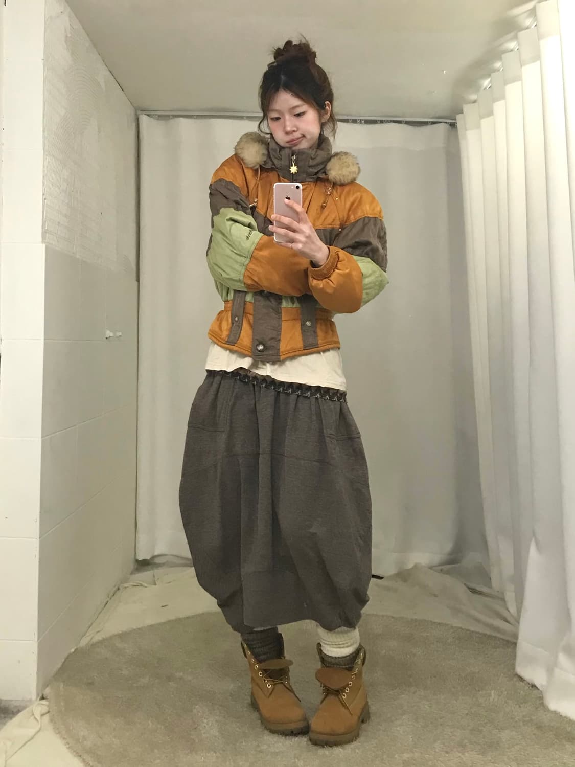 빈티지 오렌지 브라운 패치 패딩 몽골 히피 소녀 코디 세트 상품이미지2