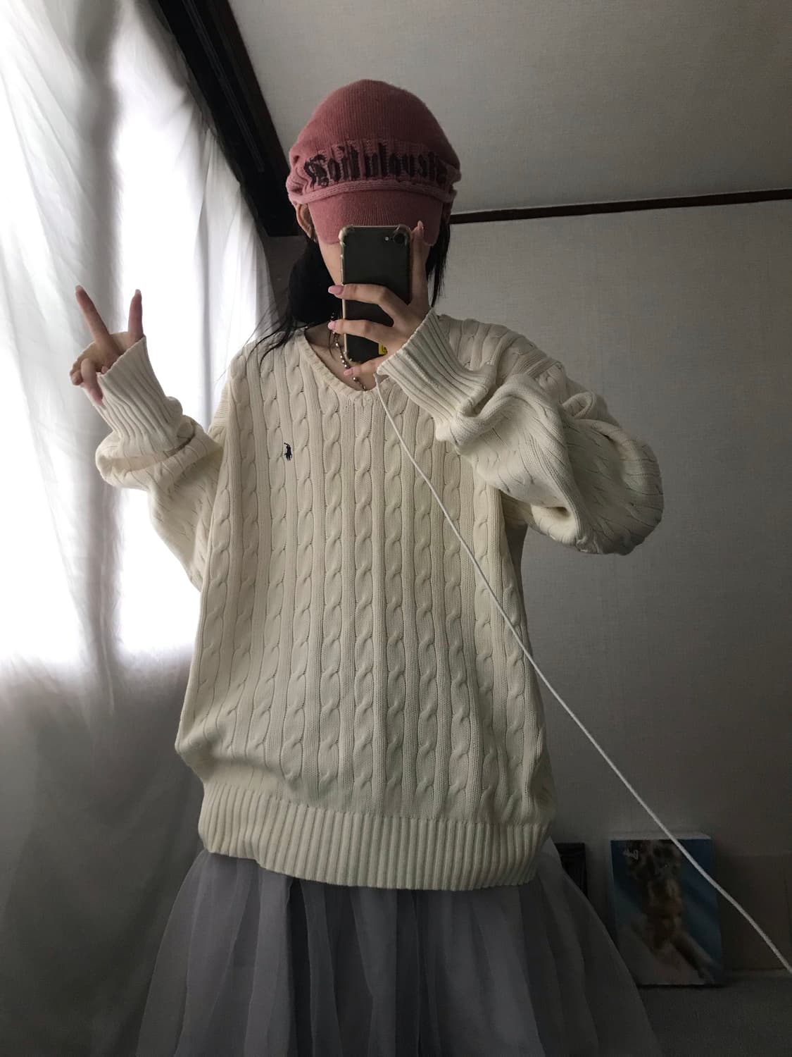 폴로 아이보리 브이넥 케이블 니트 상품이미지4