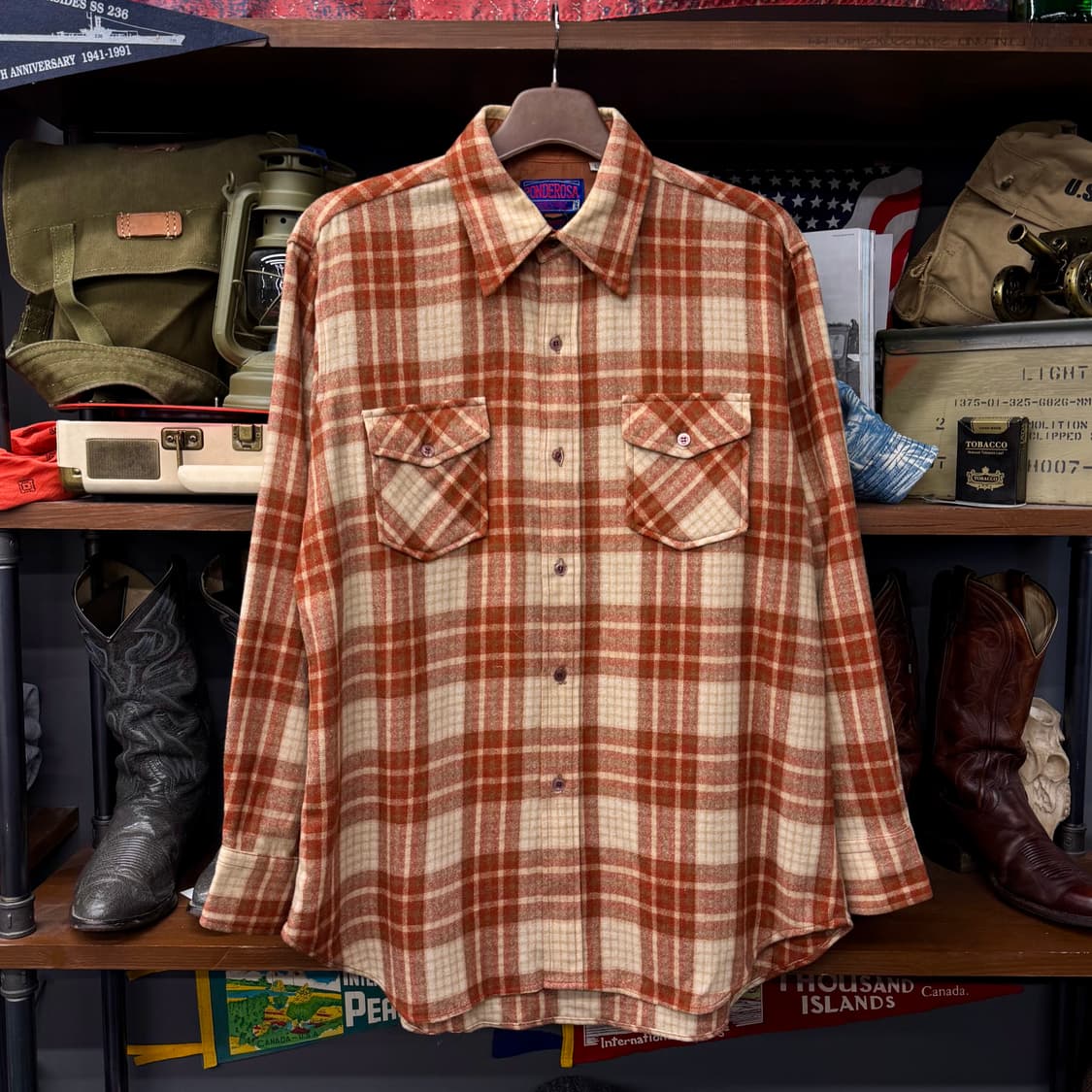 90s PONDEROSA 투 포켓 워크 플란넬 체크 빈티지 셔츠 N126 상품이미지1