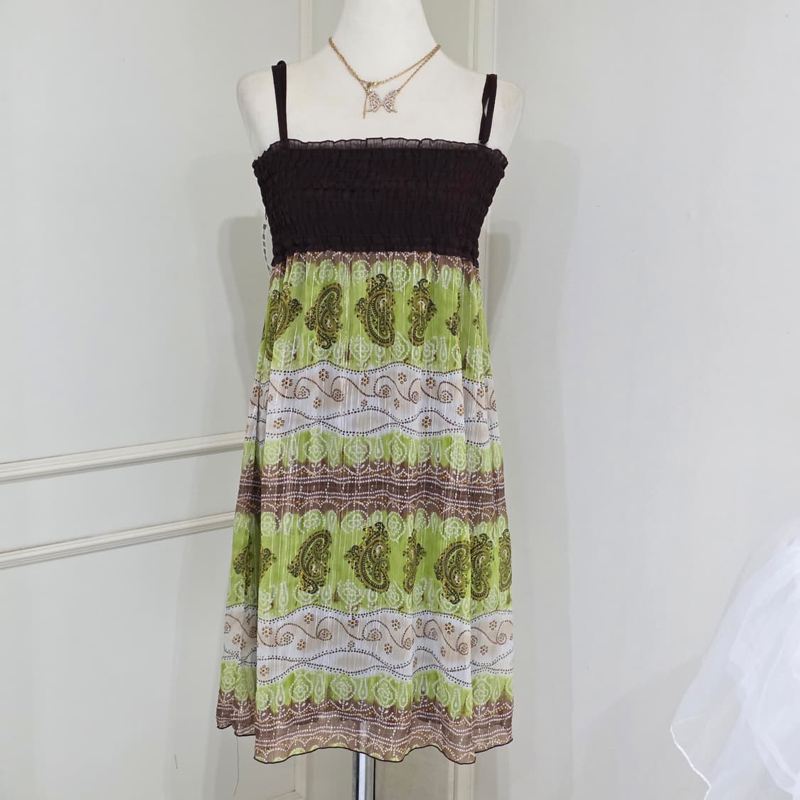 일본빈티지)페이즐리 오리엔탈 에스닉 그린브라운 모리걸 슬리브리스원피스 상품이미지1