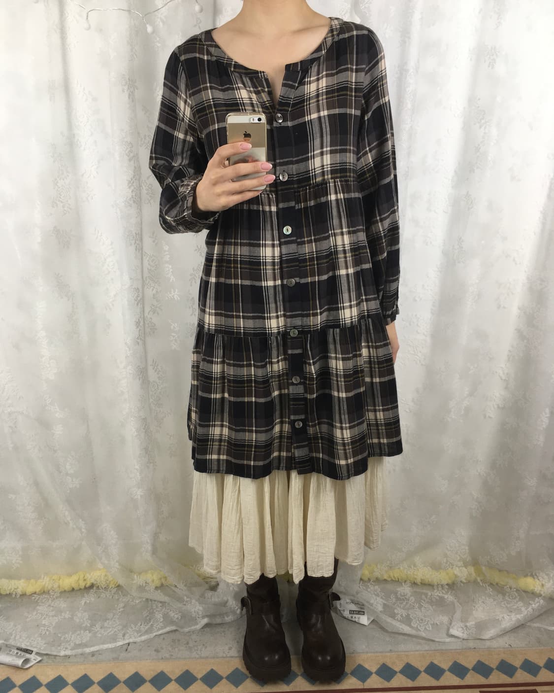 Brown Check Babydoll Mini Dress 상품이미지7
