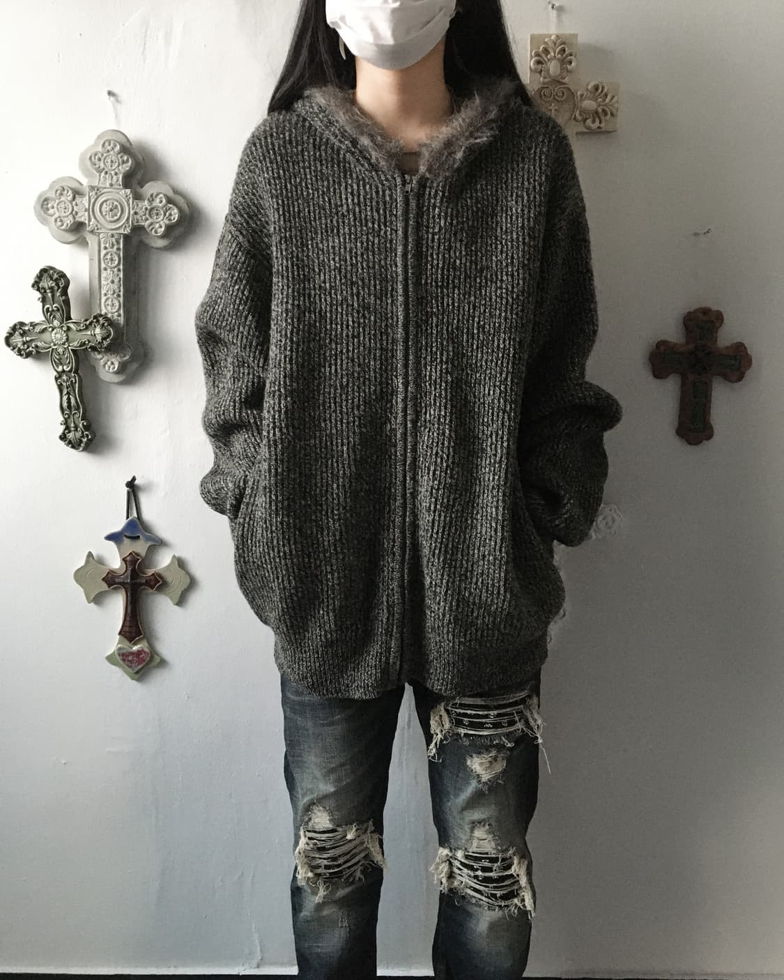 Fake fur hood ribbed knit zip up 상품이미지8