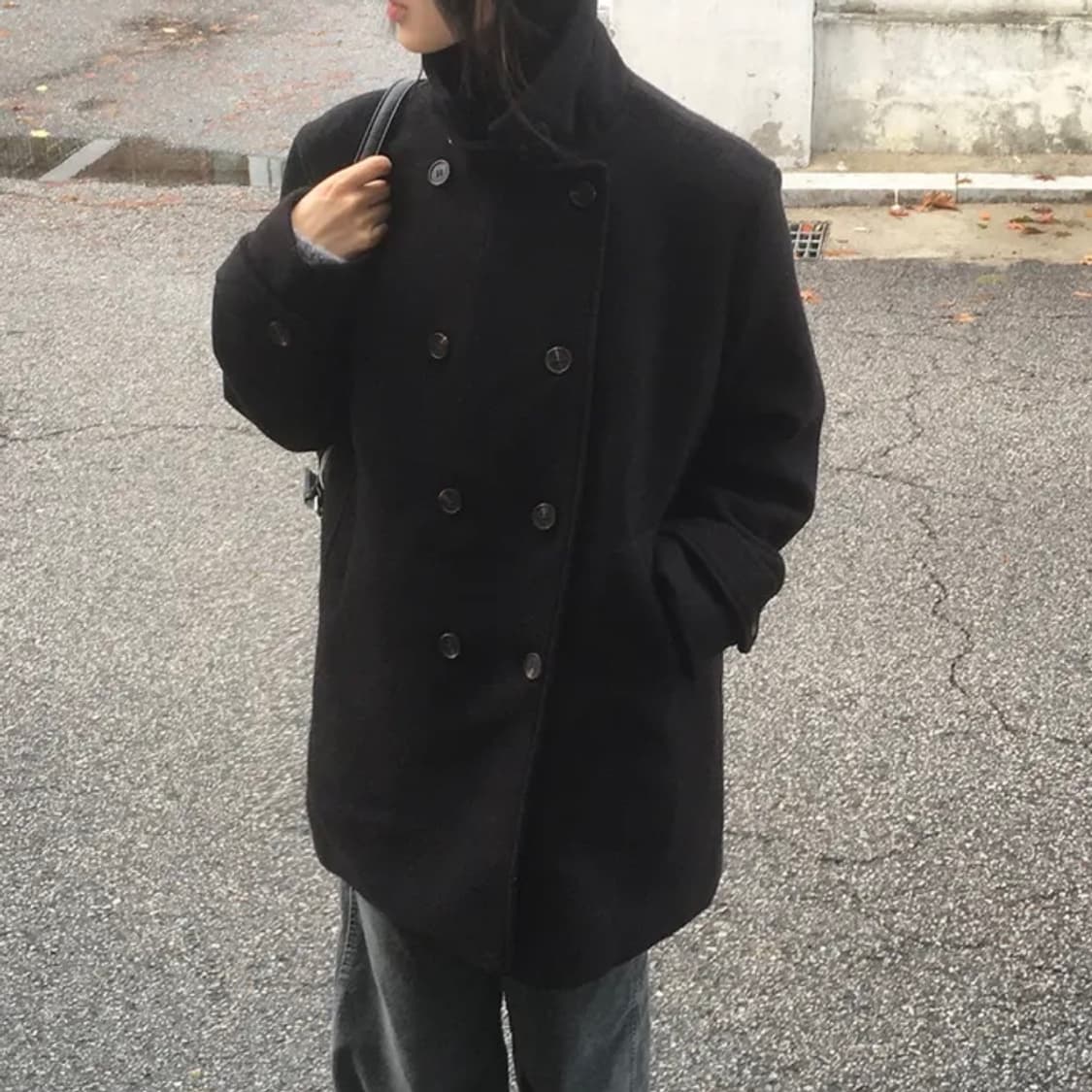 원더원더 론브 하이넥 더블 하프 코트 블랙 상품이미지2