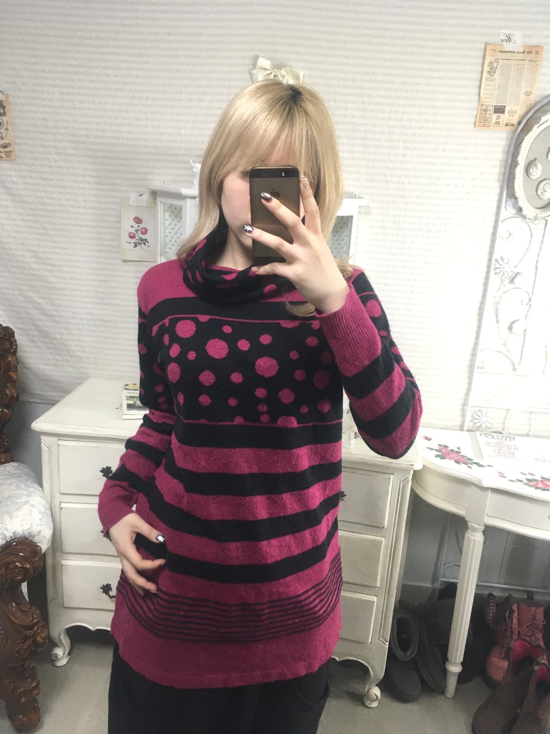 일본빈티지 도트 핑크 풀오버 니트 상품이미지4