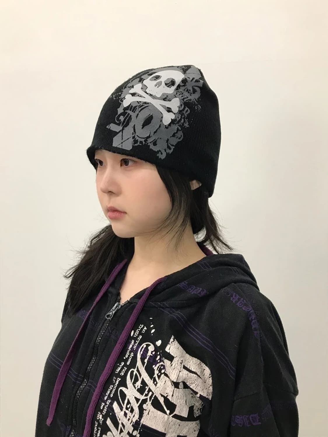 Y2K Skull Graphic Black Knit Beanie 상품이미지1