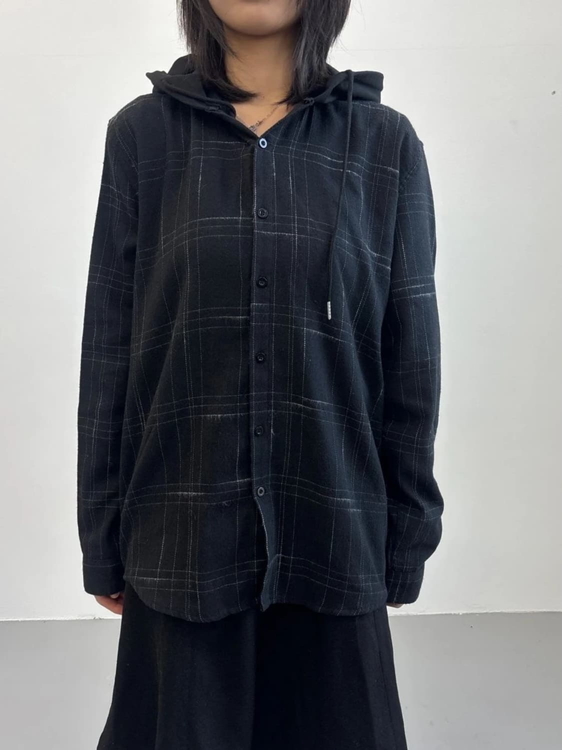 SHEIN Black Check Hooded Shirt 상품이미지1