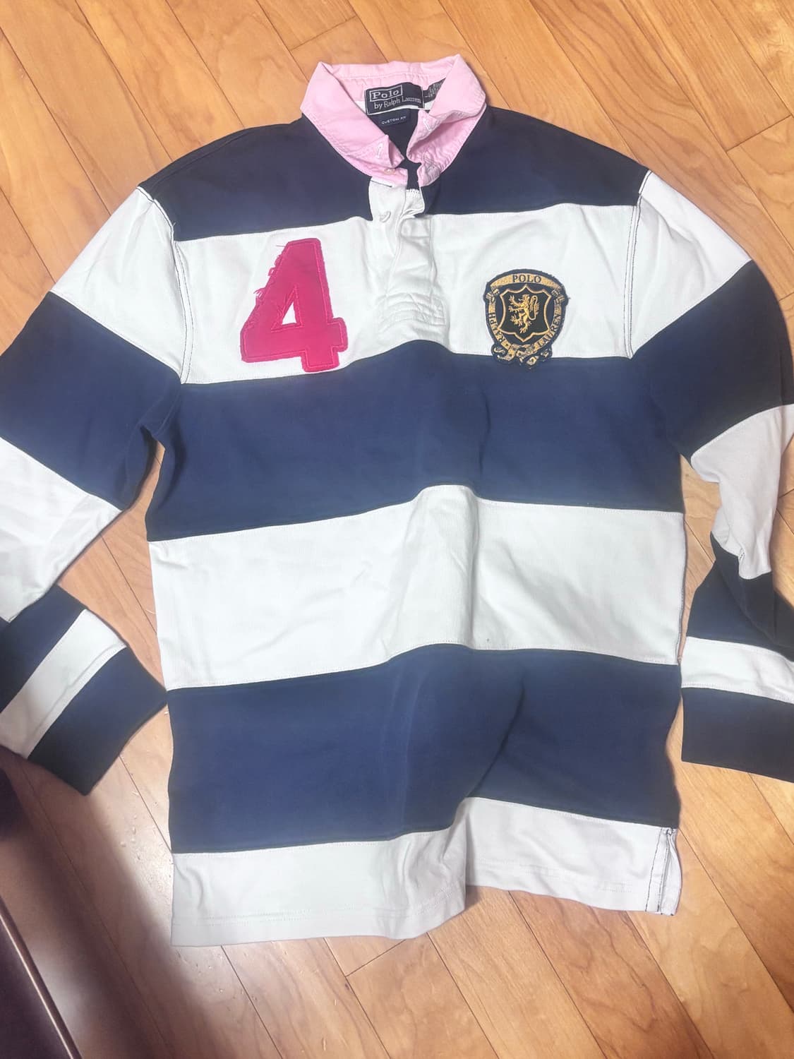 폴로 랄프로렌 핑크 네이비 화이트 스트라이프 럭비티 카라티 상품이미지1