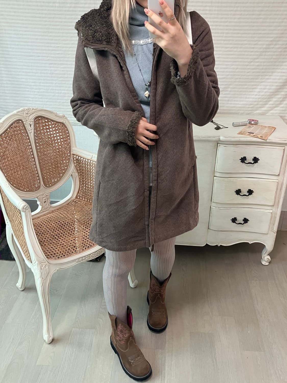 jpn vintage 브라운 헤링본 후드 뽀글이 후드집업 상품이미지3