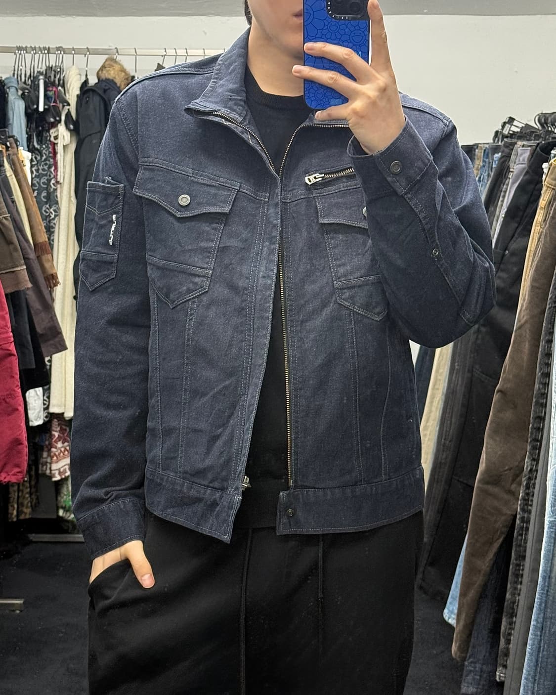 BURTLE 일본 아메카지 데님 트러커 진청 하이넥 집업 워크 자켓 LL 상품이미지1