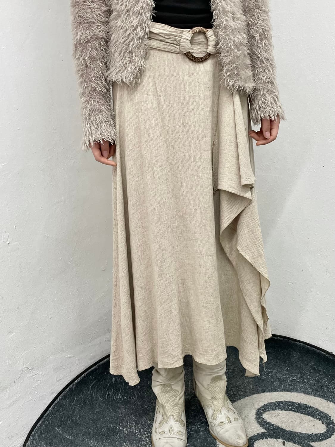 프릴 베이지 우드 스커트 상품이미지4