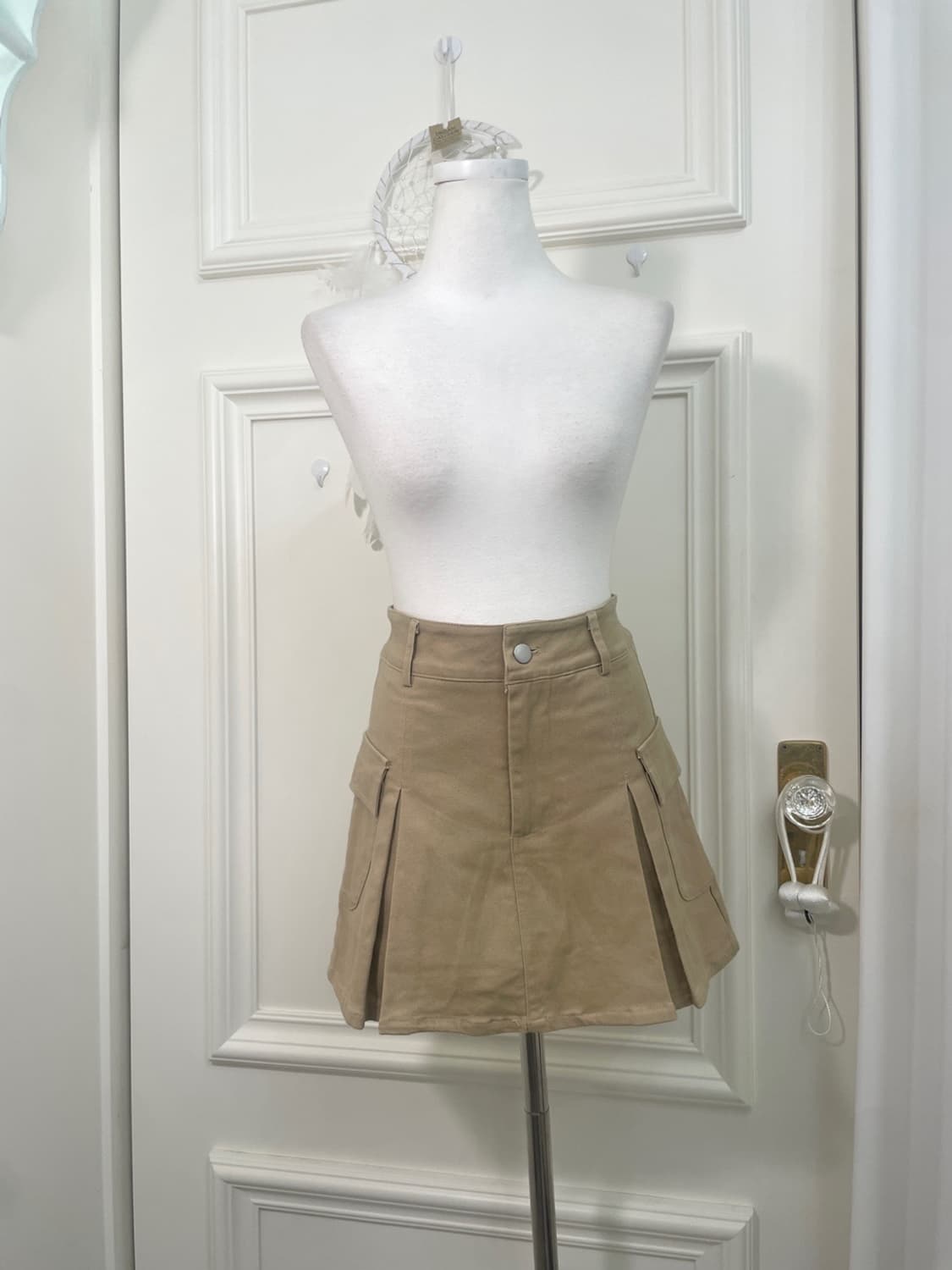 beige pleats cotton mini skirt(size-M) 상품이미지1