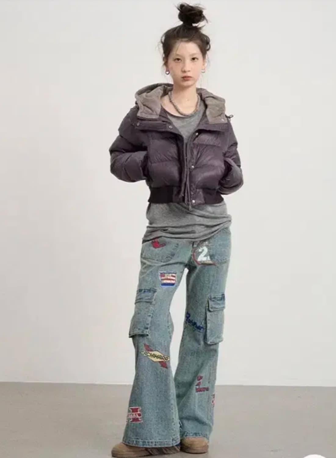 y2k 아키하라 아치하라 achihara어깨자수 크롭 패딩 S 퍼플 상품이미지2