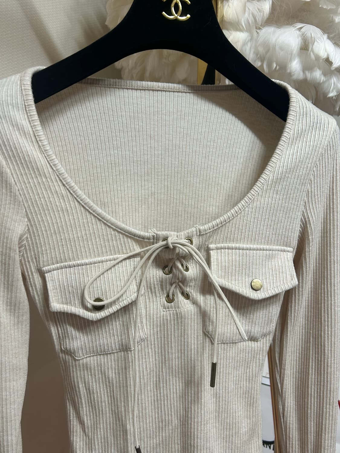 코르셋 트임 연출 포켓 골지티셔츠 상품이미지3