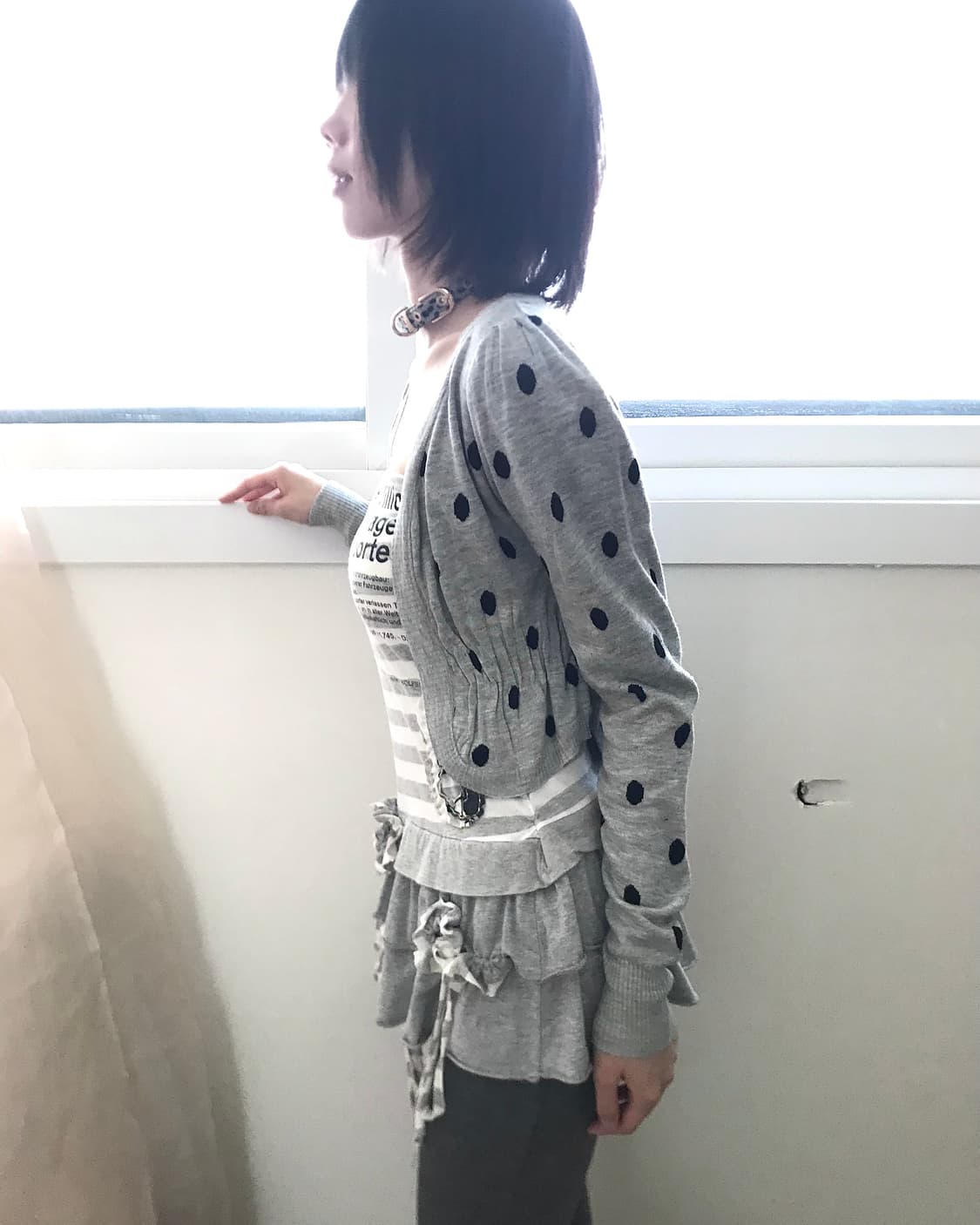 Dot shirring grey short bolero  상품이미지5