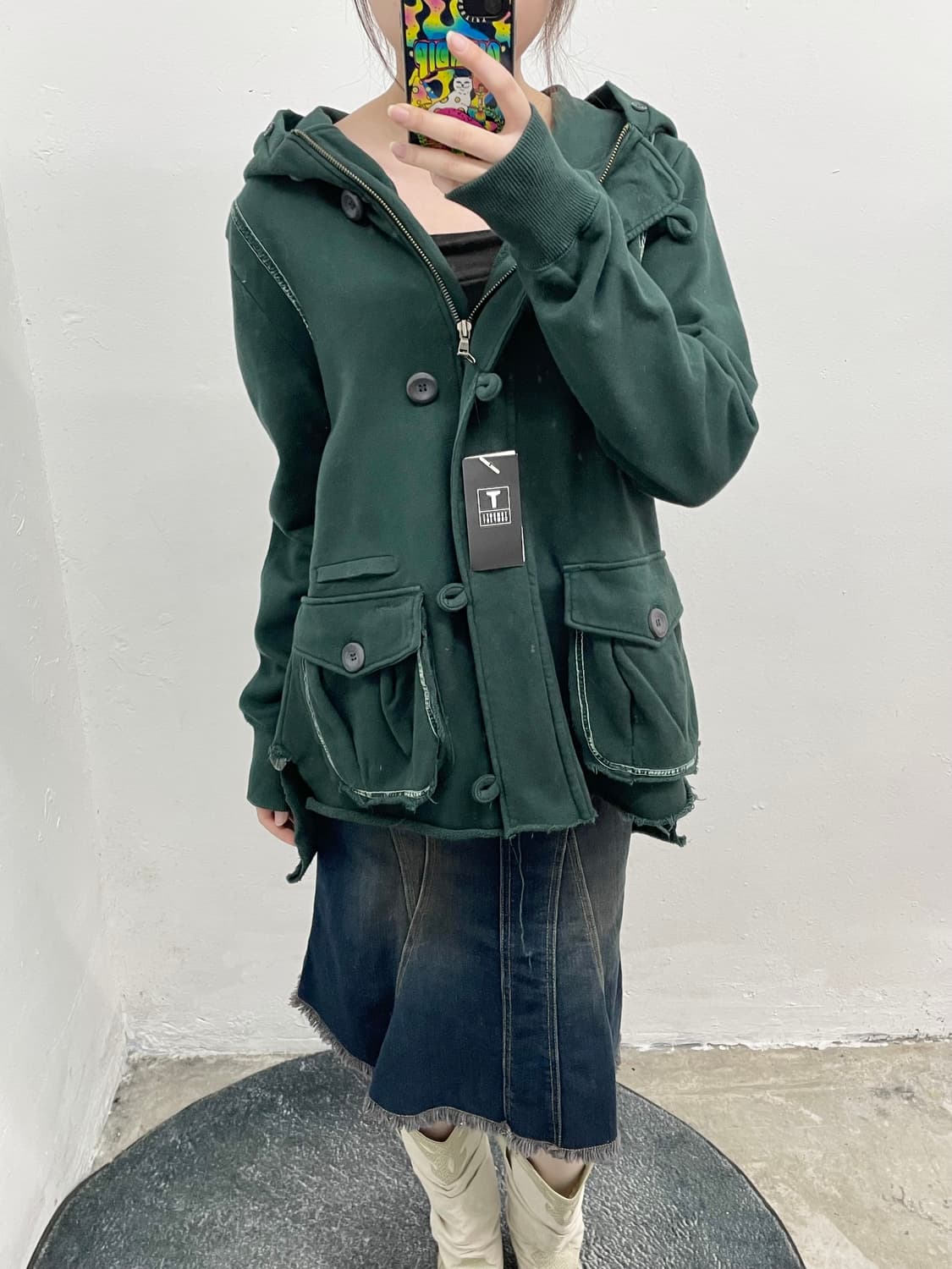 톰보이 딥그린 러프 디테일 후드집업  상품이미지1