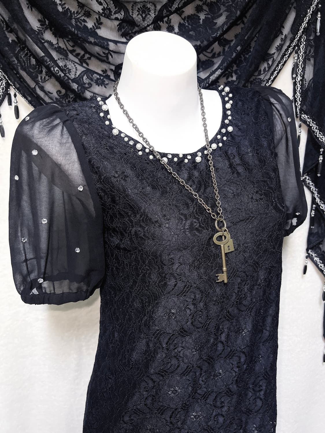 로맨틱고딕 고스 퍼프숄더 큐빅 블랙 레이스 드레스 원피스 다크페어리 핀터 상품이미지5