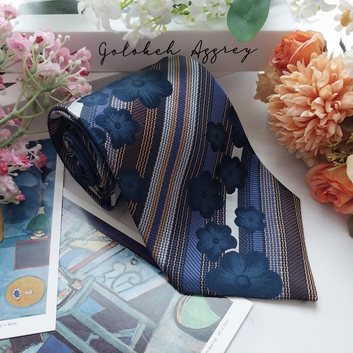 나보뜨 파리 실크 플라워 스트라이프 넥타이 9.6cm 새상품 K1459
 상품이미지1