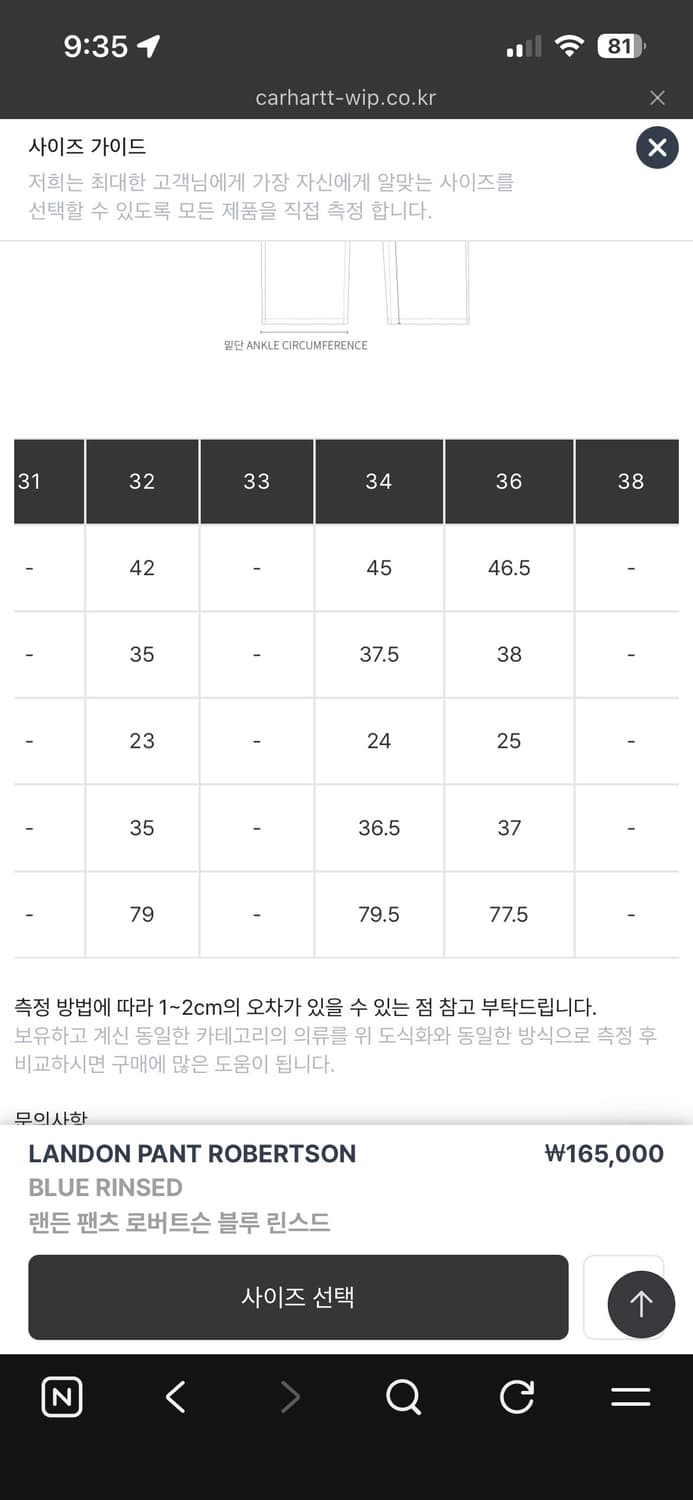 칼하트wip 랜든팬츠 블루 린스드 34 상품이미지3