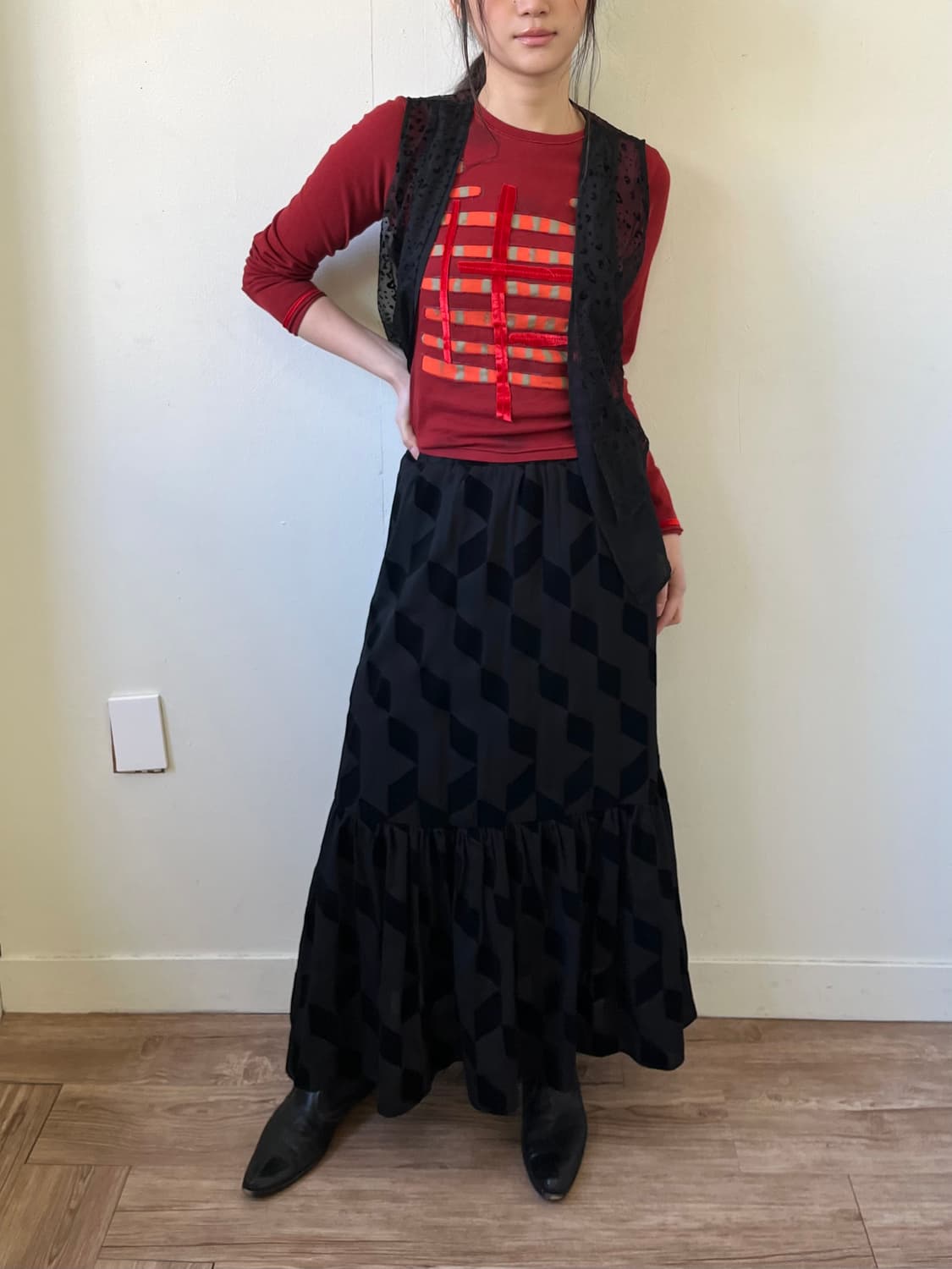 Japan vtg 아트 패치 롱 스커트 상품이미지5