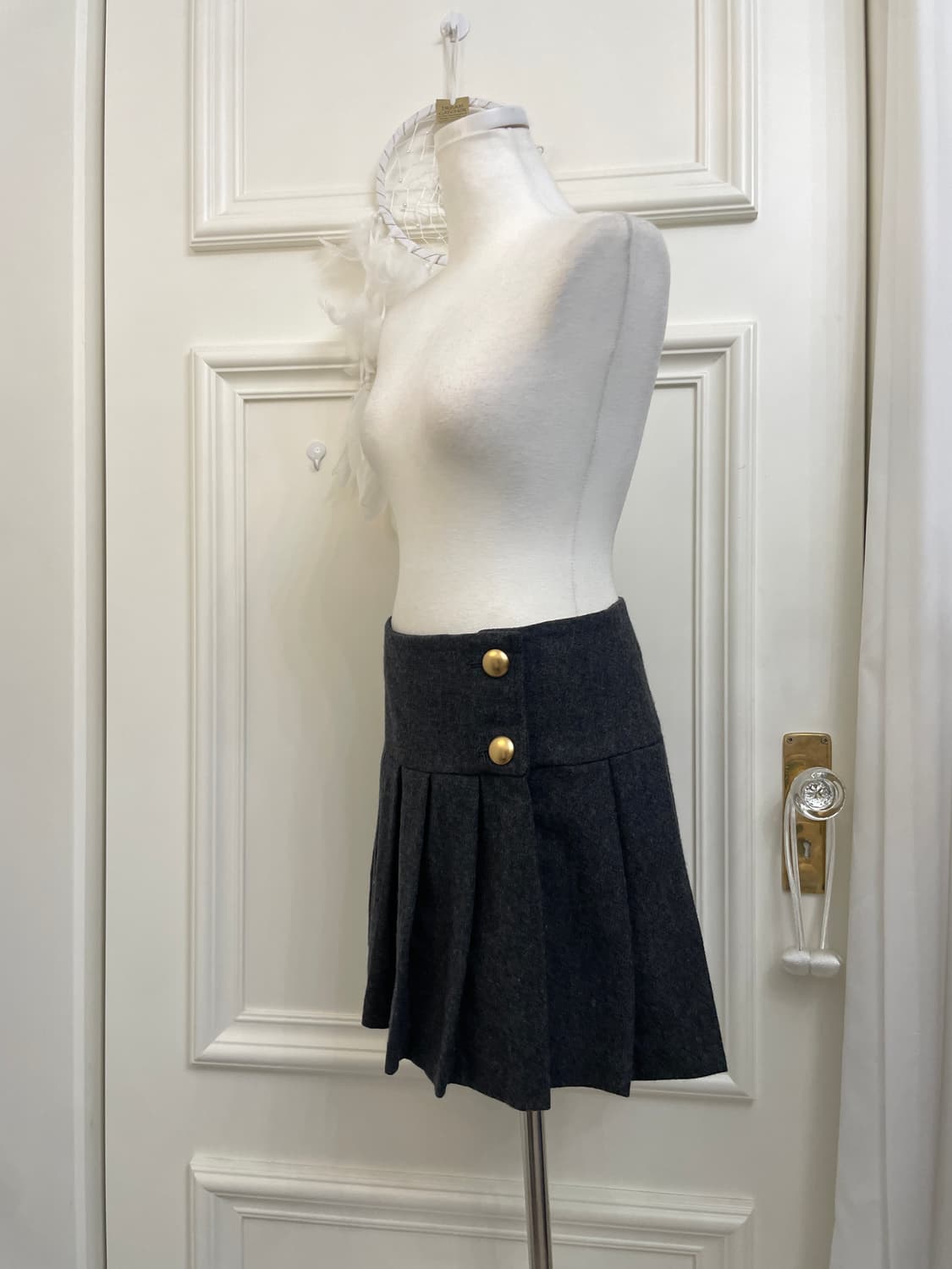 charcoal gold button pleats wool mini sk 상품이미지2