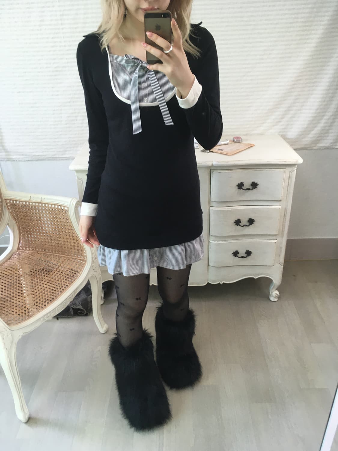 navy ribbon layered slim shirt one-piece 상품이미지5