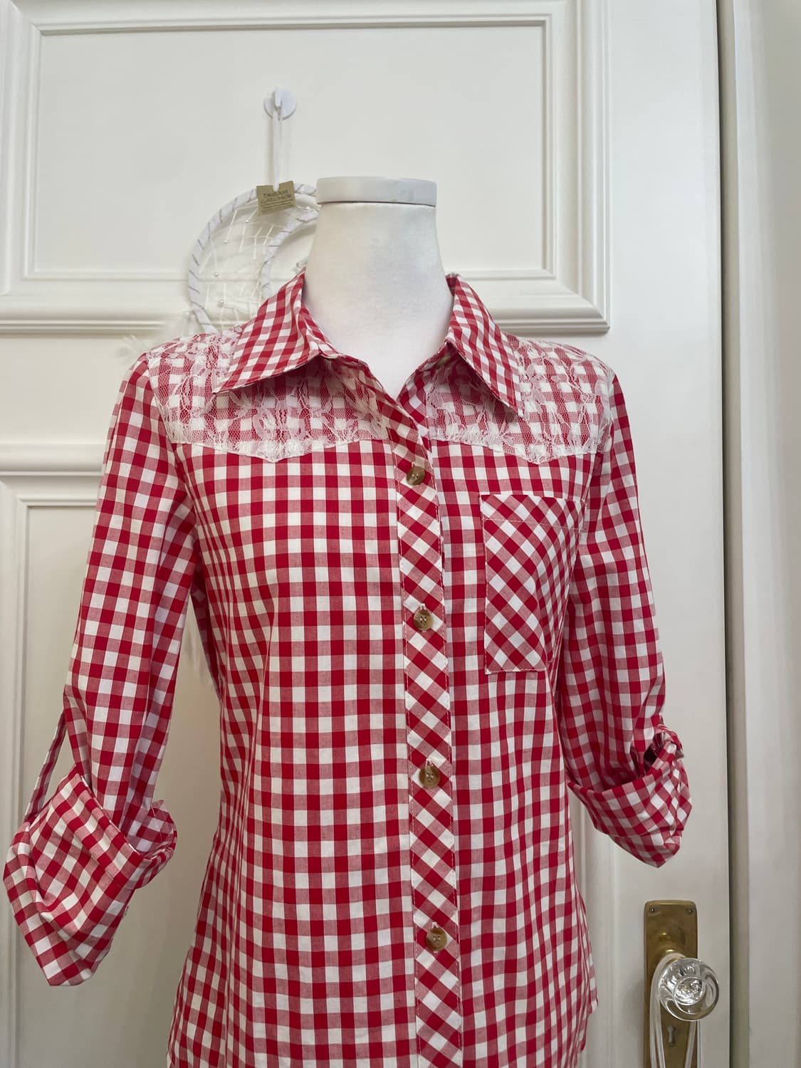 red gingham check lace point shirt 상품이미지5