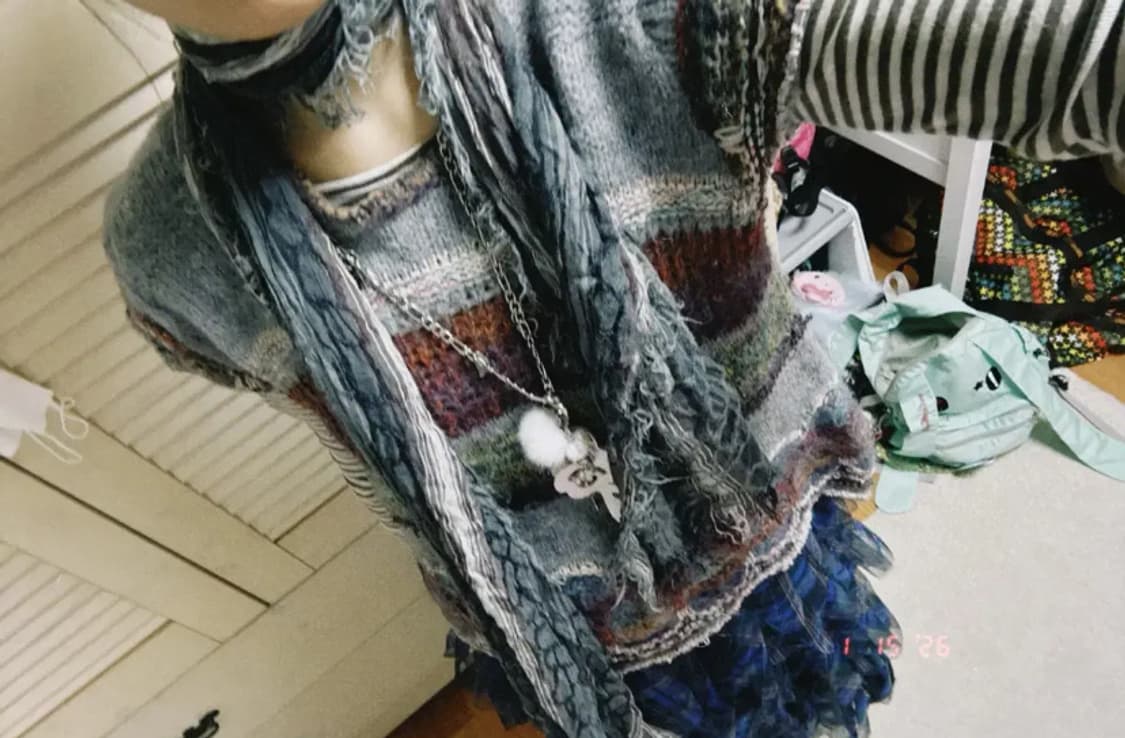 일본빈티지 모리걸 그런지 반팔 민소매 니트 페어리 에스닉 히피 레이어드 상품이미지1