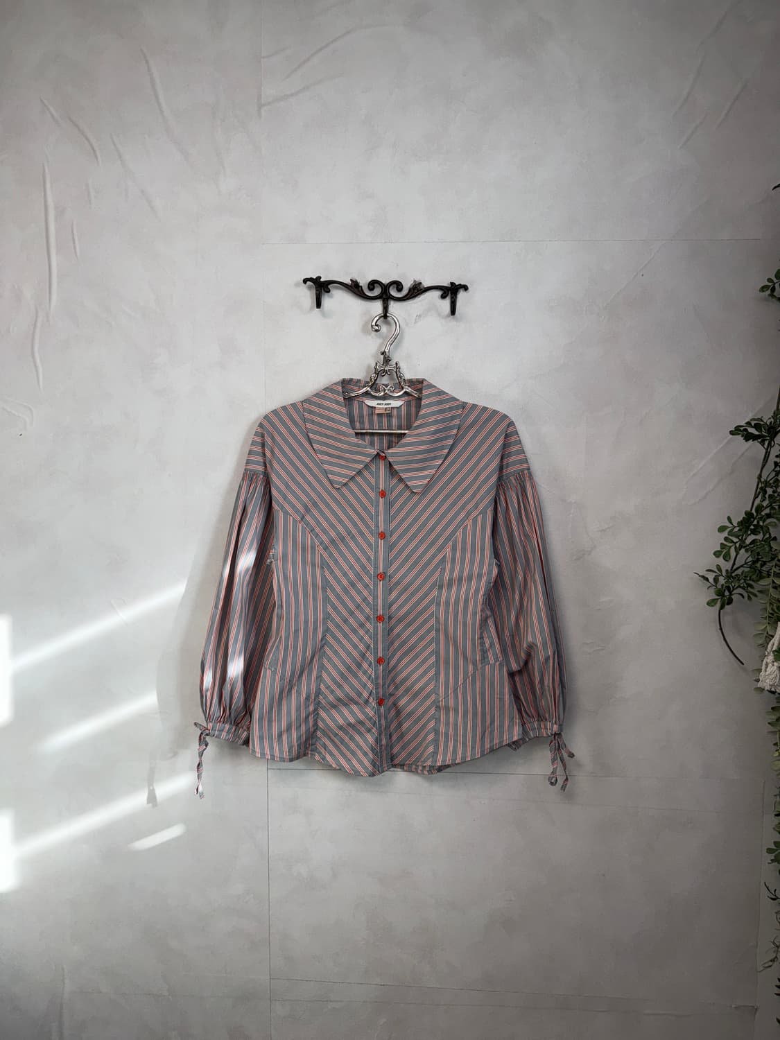 Orange gray stripe balloon puff blouse 상품이미지1