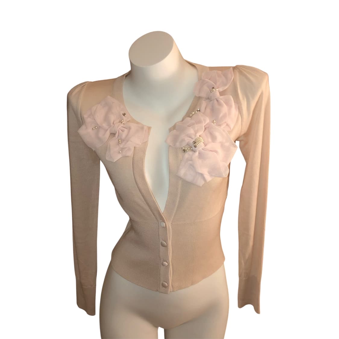 큐빅 진주 리본 프릴 니트 가디건 달천 상품이미지1