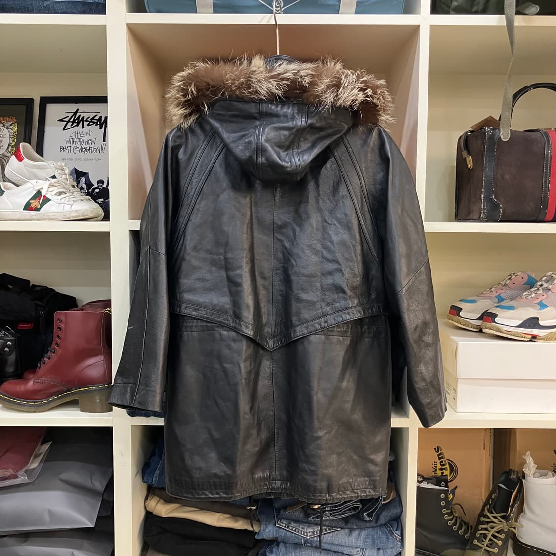 VTG 빈티지 블랙 후드 레더 코트 M 상품이미지3