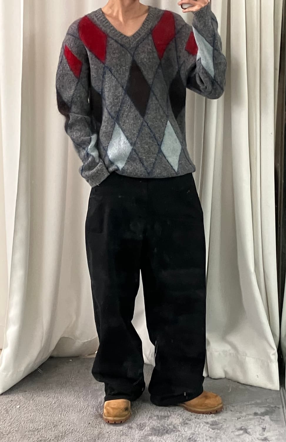 빔즈 아가일 V넥 니트 스웨터 L 상품이미지5