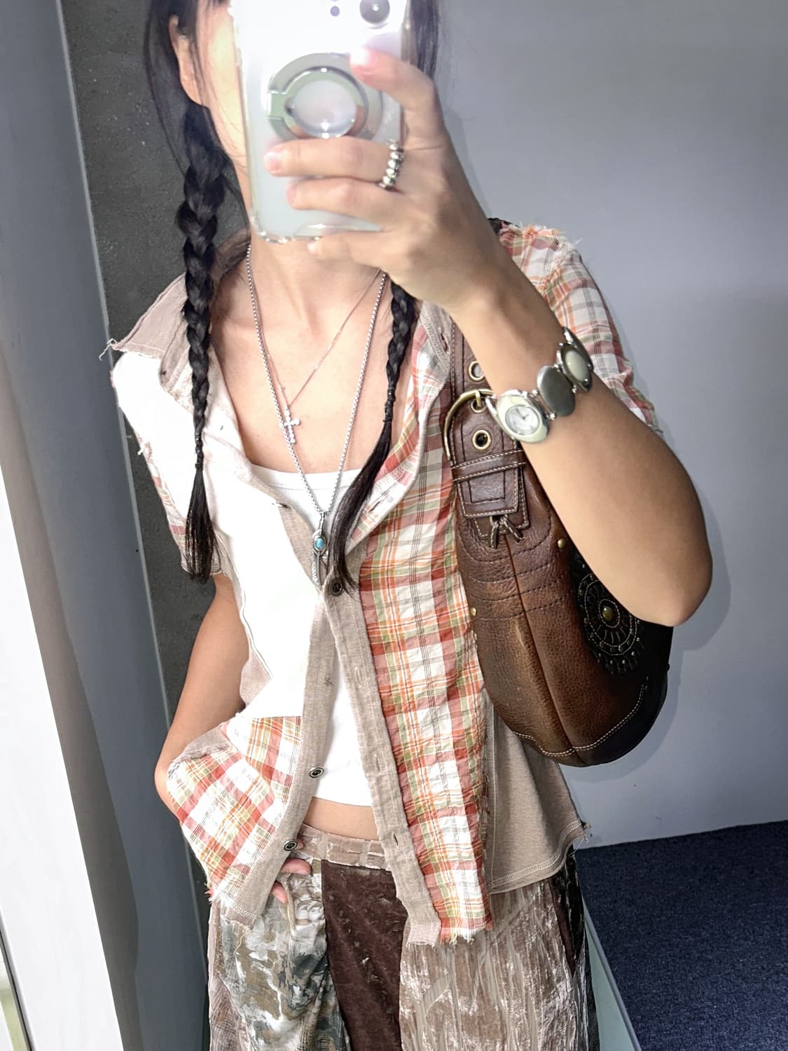 beige cotton check half shirt 상품이미지4