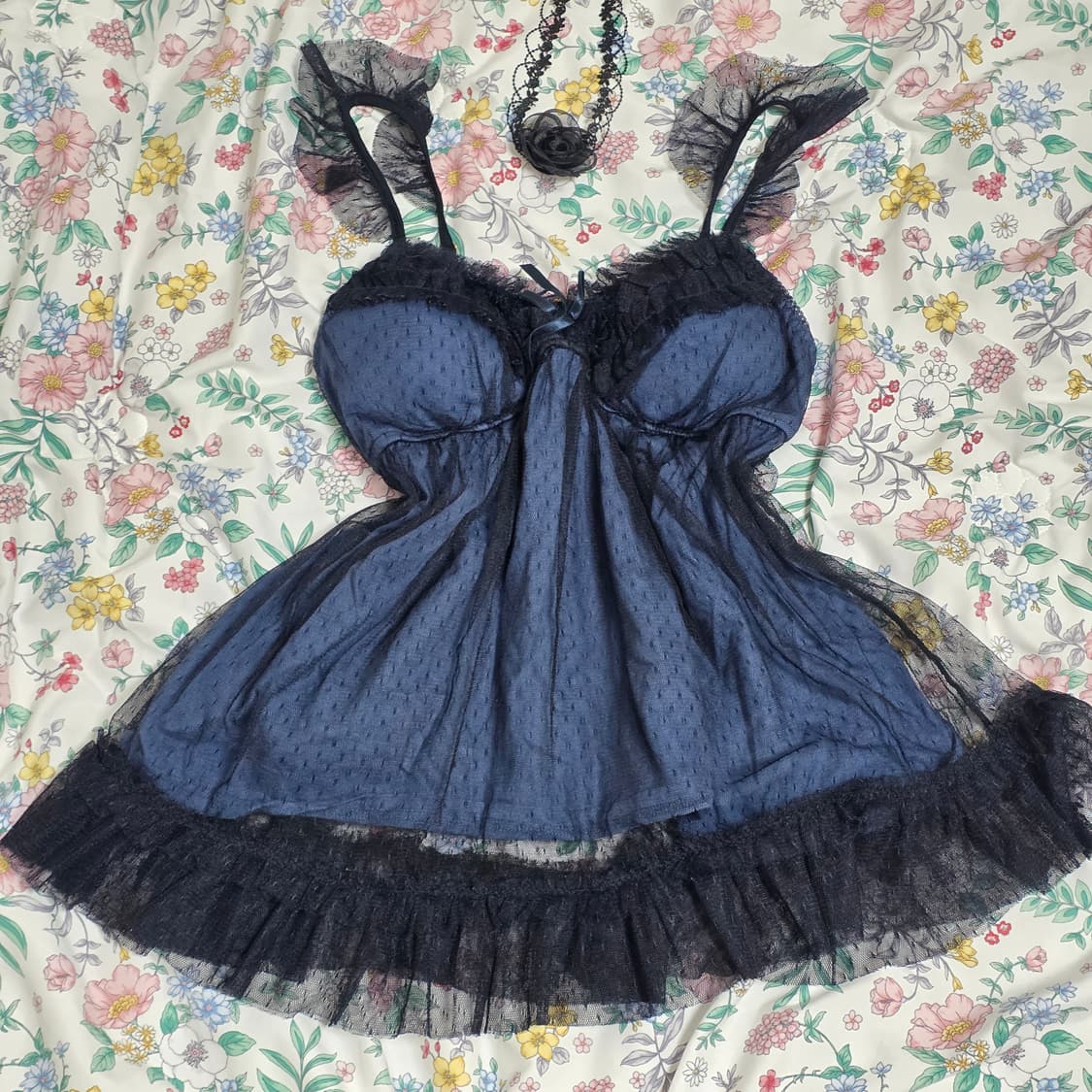 일본빈티지)블랙x네이비 오네갸루 레이스 슬립지뢰계섹시로맨틱 리본슬리브리스 상품이미지2