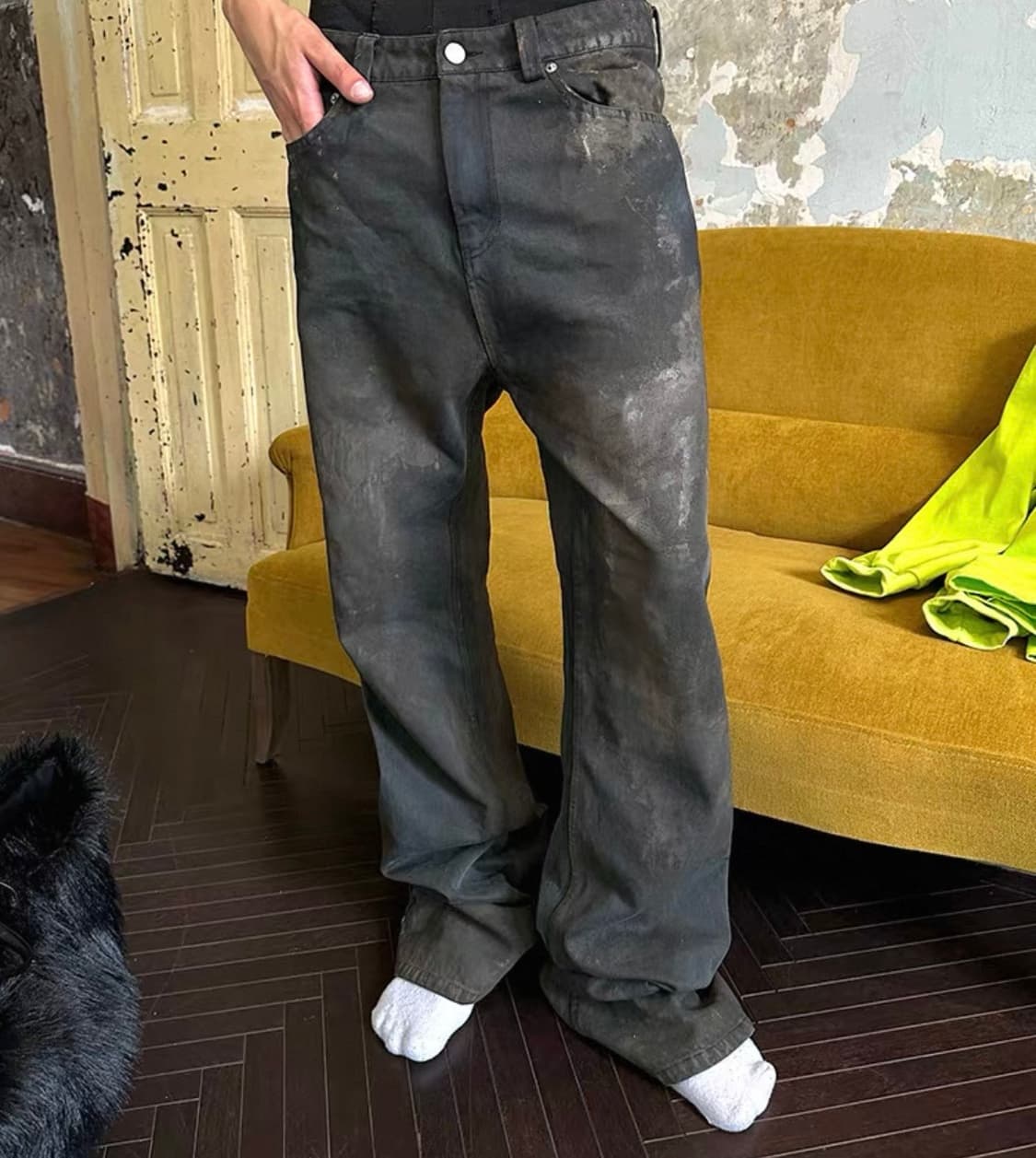 TRIANGLE PROJECT 23AW 다크그레이 바지 팬츠 머드 페인팅 상품이미지1