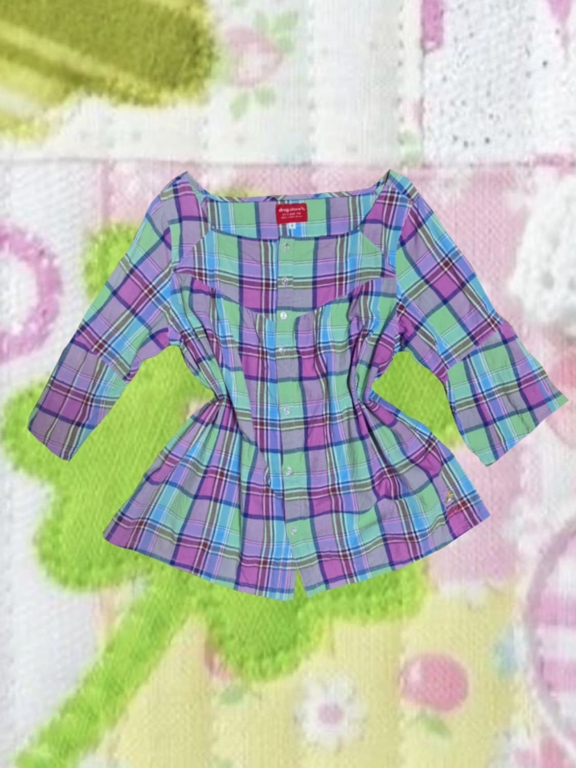 일본 빈티지 모리걸 드럭스토어 그라데이션 체크 블라우스 아오이유우 상품이미지1