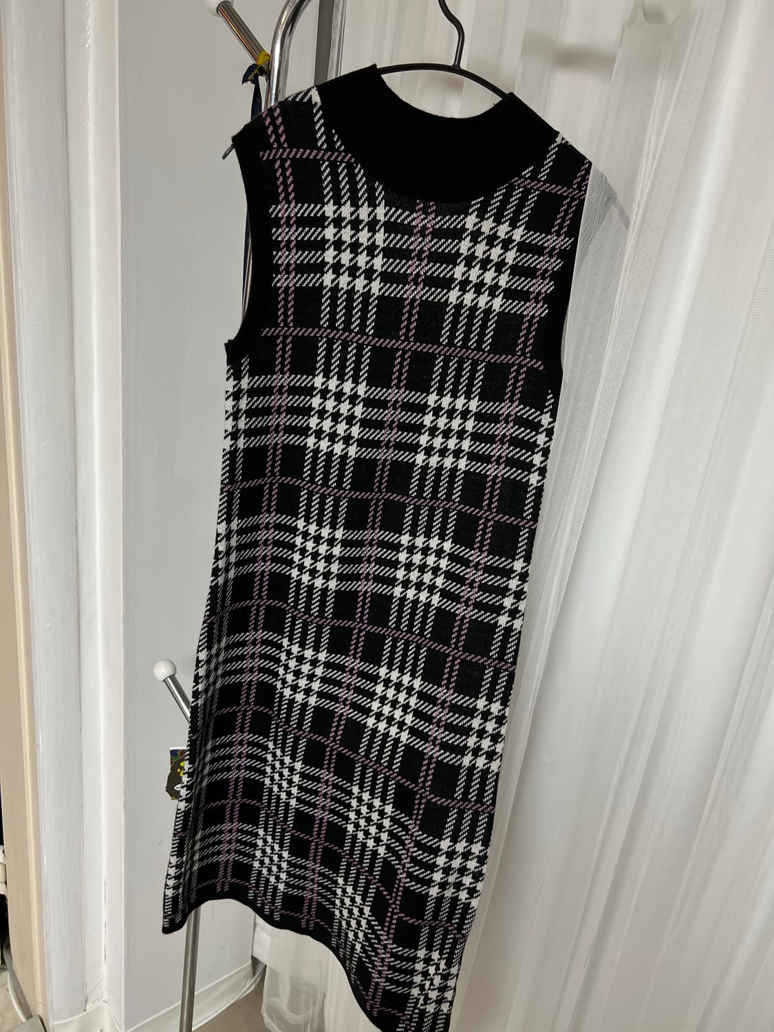 블랙 퍼플 체크 니트 롱 원피스 상품이미지6