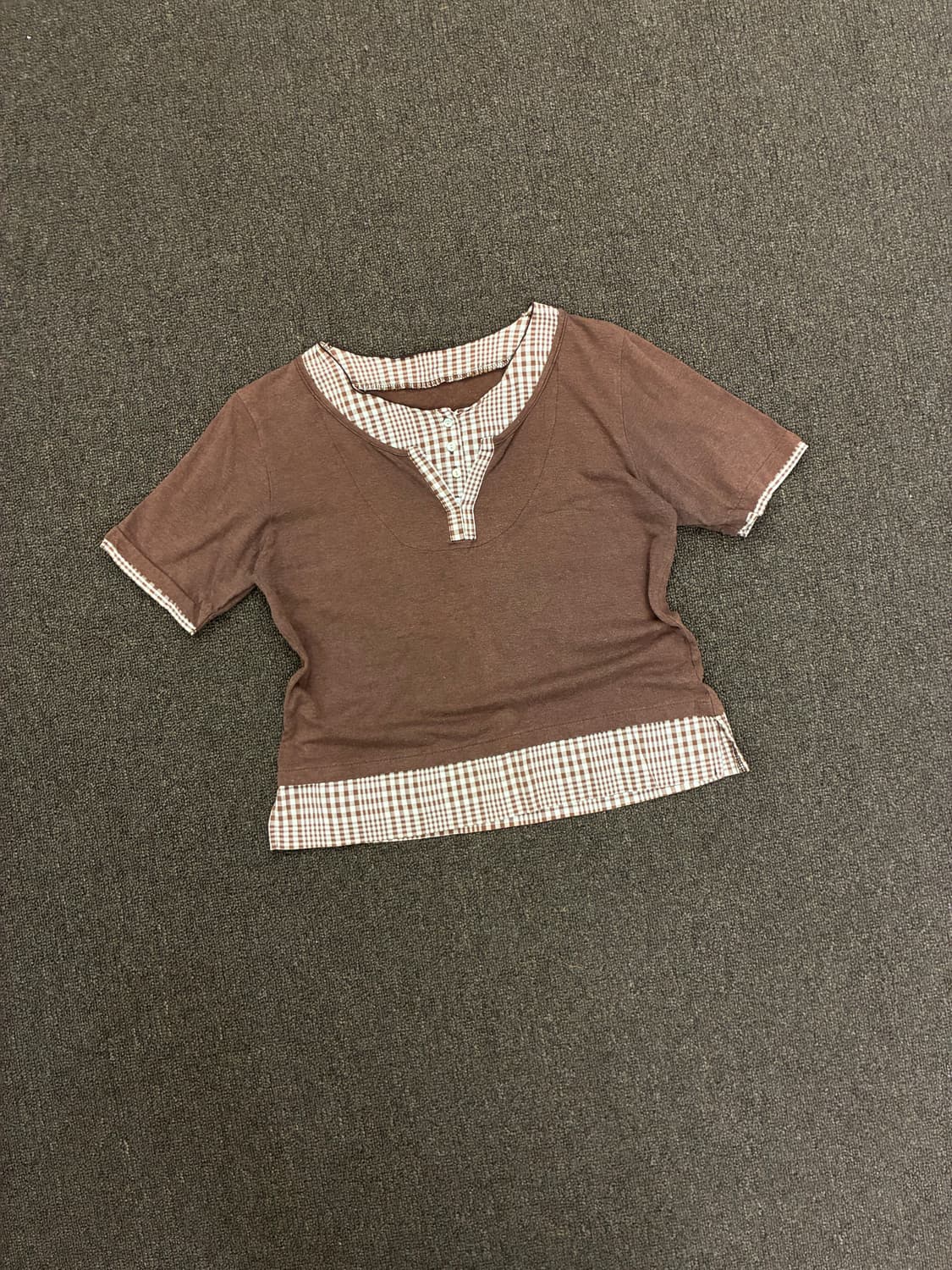 OS)Japanese vintage 여성 채크무늬 레이어드 반팔 티셔츠 상품이미지2
