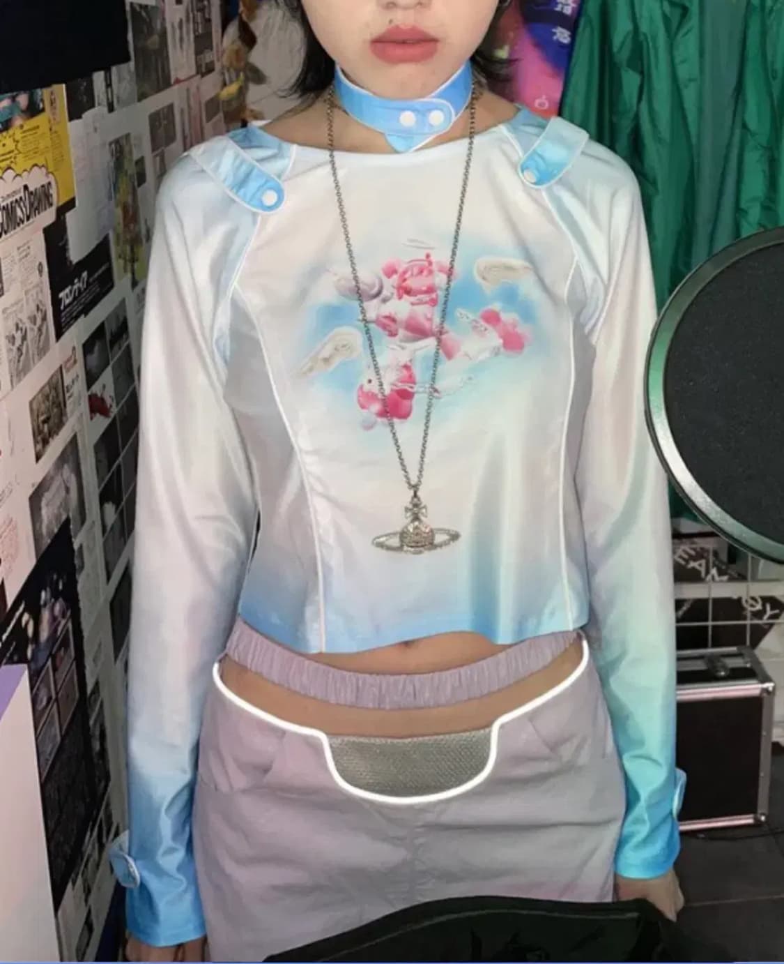 키집 사이버 펑크 애니 초커 탑 긴팔 크롭 티셔츠 상품이미지2