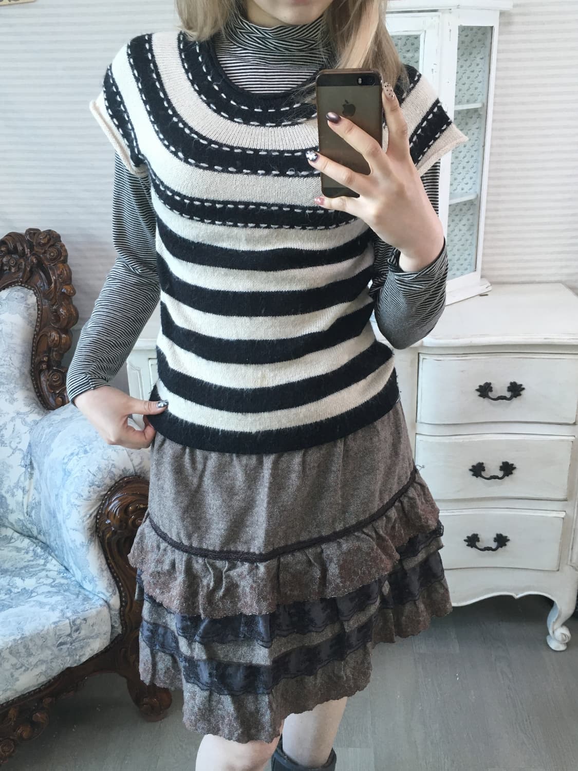 일본빈티지 블랙 아이보리 스티치 하프 니트 상품이미지3