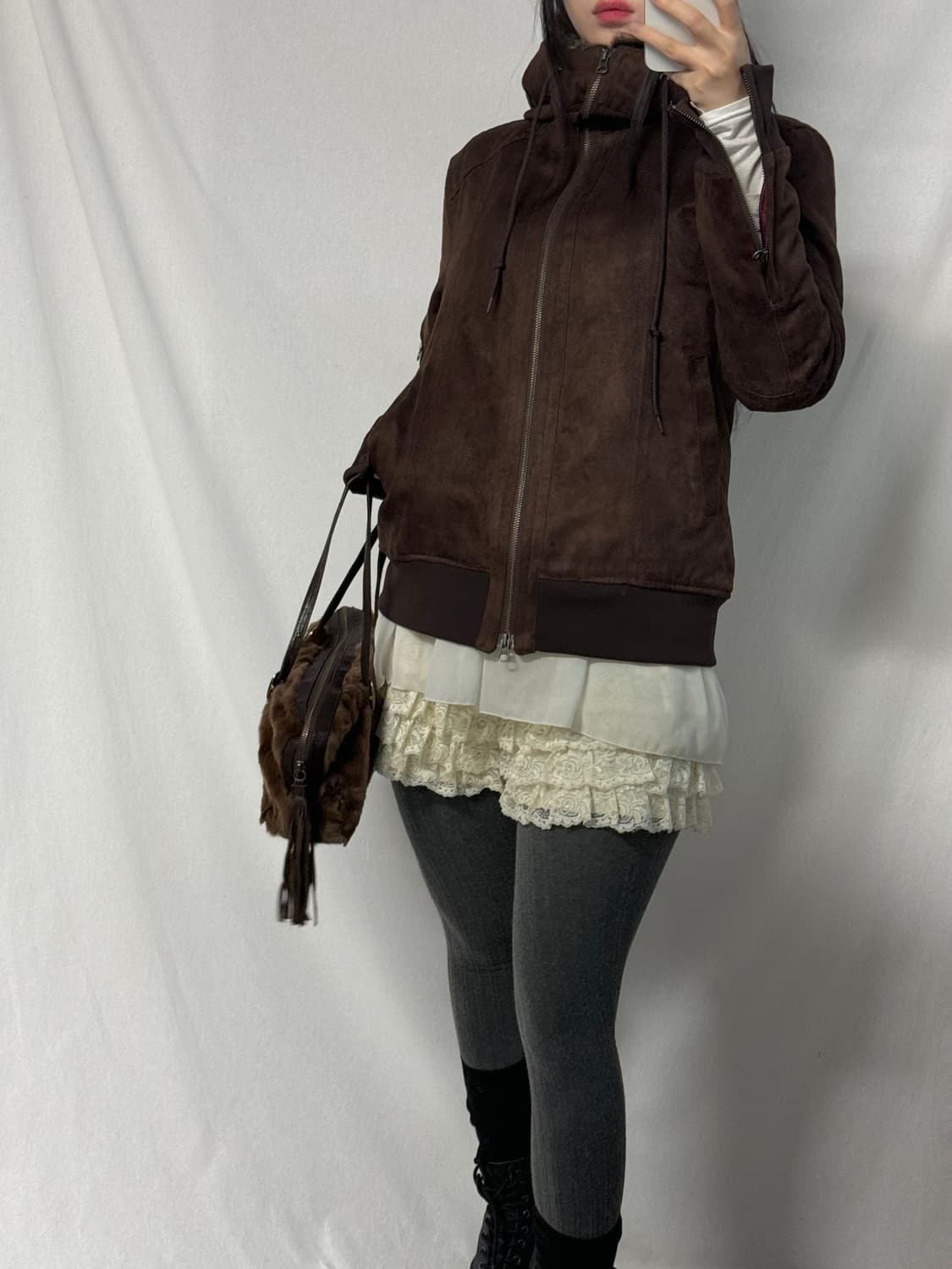 퍼 후드 스웨이드 지퍼 슬리브 윈터 자켓 상품이미지7