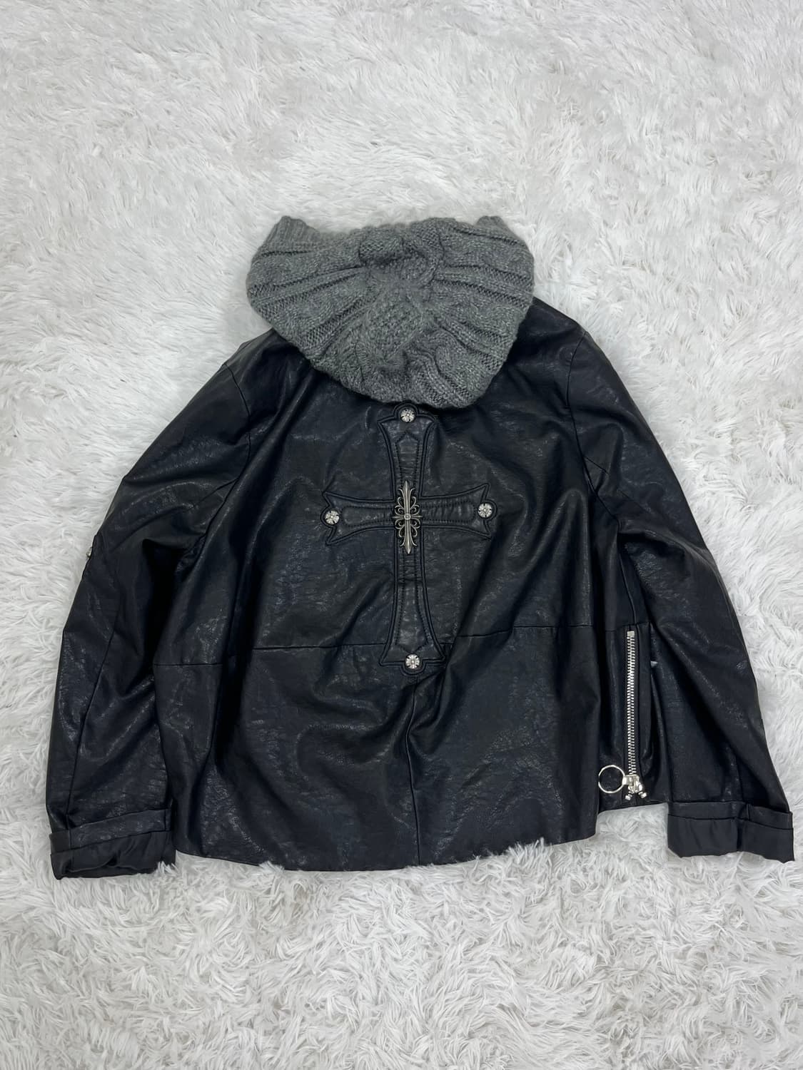 십자가 니트 후드 레더 자켓 상품이미지7