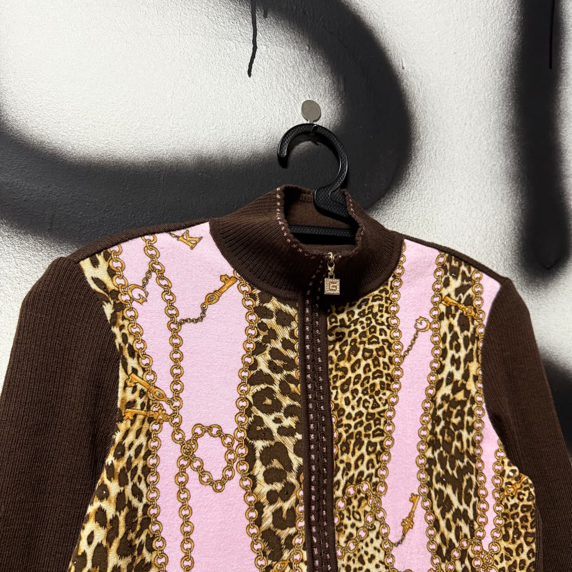 VTG 빈티지 핑크 브라운 레오파드 패턴 크롭 니트 집업 상품이미지3