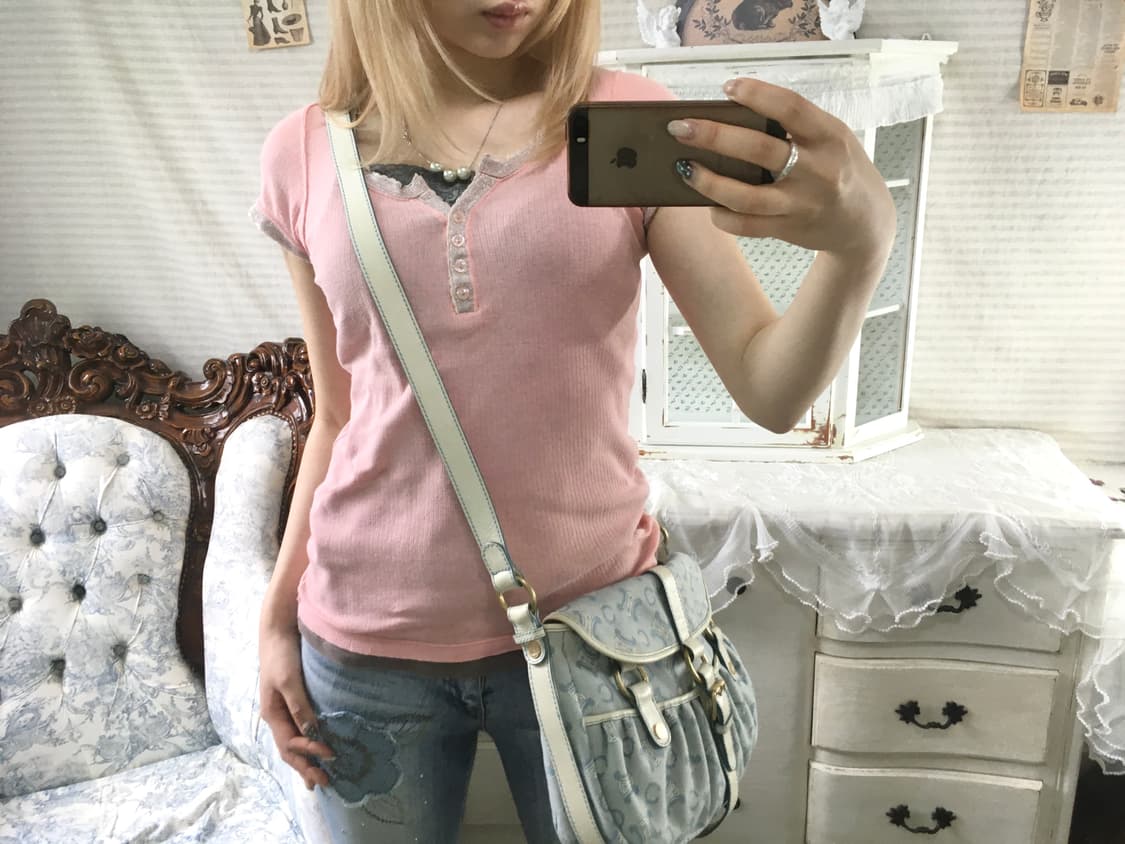 일본빈티지 히메 핑크 슬림 반팔 티셔츠 상품이미지3